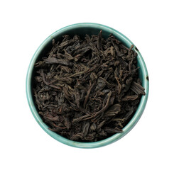 Dry tea leaves in bowl isolated on white, top view