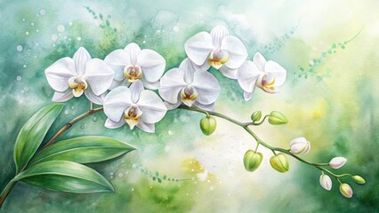 Serene Watercolor Painting of a White Orchid Branch with Lush Green Leaves â€“ Artistic Floral Still Life for Home Decor and Nature Lovers