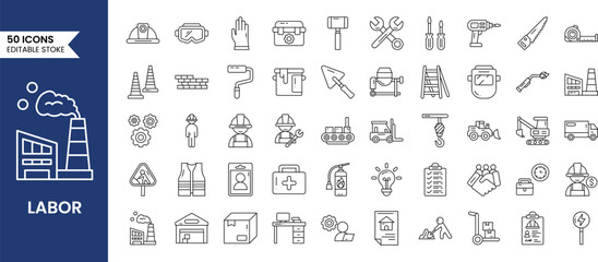 Construction icon set in line style. Construction, labour day, renovation, excavator and more. Vector illustration