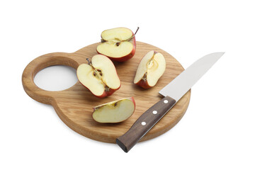 Wooden cutting board with cut apples and knife isolated on white