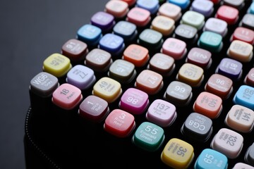 Different double sided markers on black background, closeup