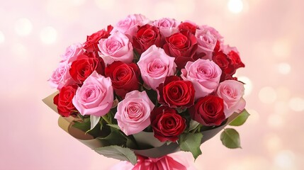 A bouquet of roses in various shades of pink and red with soft bokeh in the background