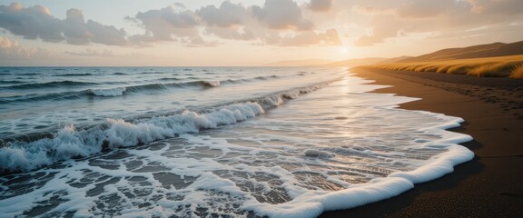 Naklejka premium Serene Sunset Ocean Waves Crashing on Sandy Beach Shoreline Landscape