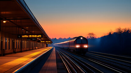 Red train departs station at sunset
