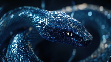 Dark blue snake coiled, close-up; nature background; for wildlife, reptile, or fantasy art