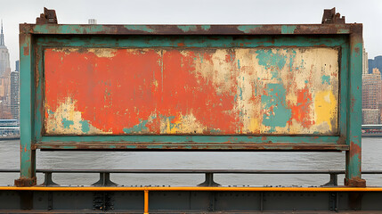 Rusted billboard, urban backdrop, waterfront view