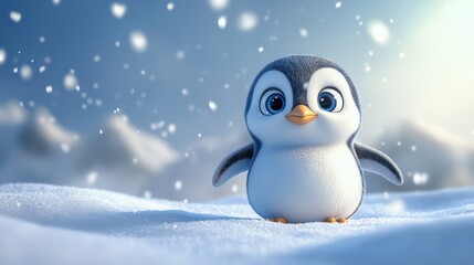 Cute penguin chick snowy winter landscape