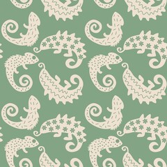 Obraz premium Seamless Pattern Boho Chameleon Tribal Modern. Bohemian Motif Lizard Reptile Illustration. Minimalist Chameleon Art Repeat Pattern.