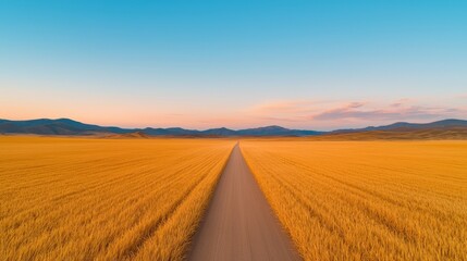 Obraz premium Golden wheat field road leads to mountains at sunset nature landscape aerial view serenity