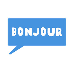 Bonjour, Hello in french language. Blue speech bubble. Illustration on white background. © Igor