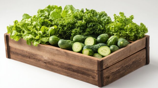 A small wooden box packed with green cucumbers and leafy greens, isolated against a white background