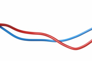 Red and blue electrical wires on white background