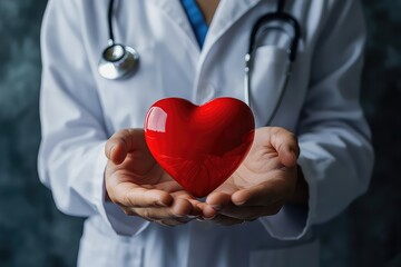 A doctor wearing a stethoscope, gently holding a red heart symbol in their hands as a sign of love and medical dedication.