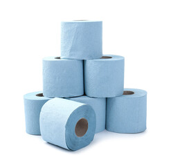 Stacked light blue toilet paper rolls isolated on white