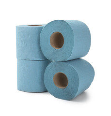 Stacked light blue toilet paper rolls isolated on white