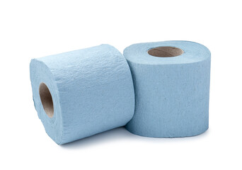 Light blue toilet paper rolls isolated on white