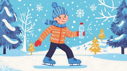 Child Ice Skating in Winter Wonderland with Water Bottle.