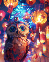 Naklejka premium A joyful owl wearing a tiny hat