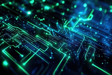 Obraz premium sleek digital circuit lines pulsing with neon green, deep navy backdrop, faint holographic shimmer, crisp edges, and a modern, tech-driven energy.