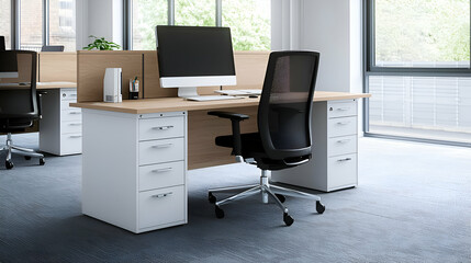Modern Office Workspace with Light Wood Desk and Ergonomic Chair