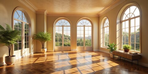 Fototapeta premium Sunlit Empty Room with Arched Windows and Door, Inviting Natural Light, Spacious Interior, Minimalist Decor, Ideal for Relaxation or Creative Space, Bright and Airy Atmosphere