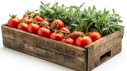 A rustic wooden box packed with vibrant cherry tomatoes and fresh herbs, cleanly isolated on white