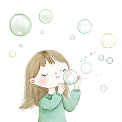 Bubbles in the Air: Minimalist Isolated Scene of a Person Blowing Colorful Soap Bubbles with a Soft Background Capturing the Joy and Playfulness of Childhood Moments