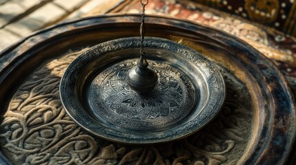 Obraz premium Elegantly Crafted Metal Plate with Intricate Design on Fabric Base