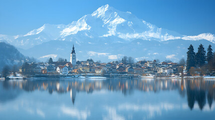 Snowy mountain town reflecting on winter lake