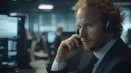 Businessman Wearing Headset Works In Modern Office