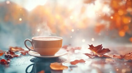 Autumn Coffee, Window, Rain, Leaves