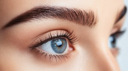 Fototapeta premium Close-up of blue eyes, perfectly shaped brows, beauty and makeup concept