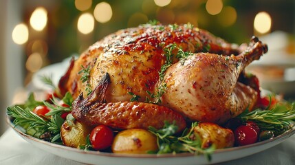 A roasted turkey on a white platter with herbs and garnishes, ready for a festive meal.