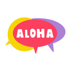 Aloha. Hello in Hawaiian language. Colorful speech bubbles. Greeting phrase. Vector design illustration.
