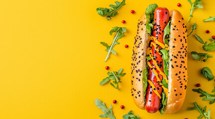 Compose an abstract hot dog image inspired by pop art, using bright, contrasting colors and playful patterns to highlight the fun and whimsy of the dish. photo-realistic, commercial imagery