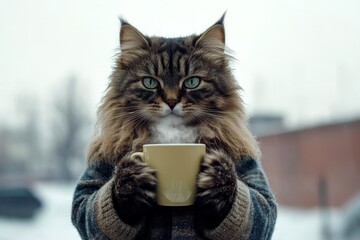 Problem of struggling animals. Social marketing - animal care. Sad cute adult cat norwegian forest in winter warm clothes, holding warm drink with rising steam in paws. Pet winter wrap.