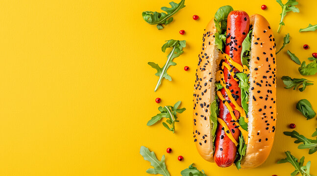 Compose an abstract hot dog image inspired by pop art, using bright, contrasting colors and playful patterns to highlight the fun and whimsy of the dish. photo-realistic, commercial imagery