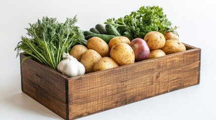 A wooden box filled with mixed vegetables, including potatoes, onions, and garlic, cleanly displayed on a white backdrop 