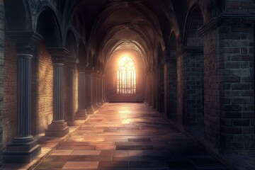 Fototapeta premium Cathedral corridor, sunlight, stone, archway, gothic architecture, religious, interior, peaceful, serenity, spirituality