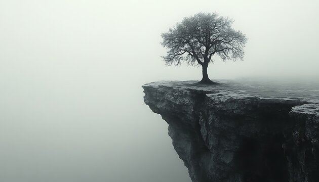 Lonely tree on misty cliff edge - Powered by Adobe