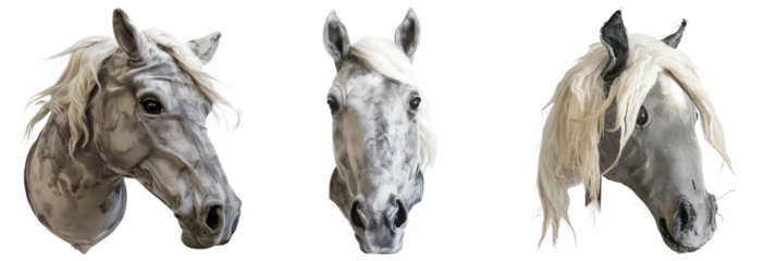 Three Gray Horse Head Sculptures with Long Manes with Transparent Background