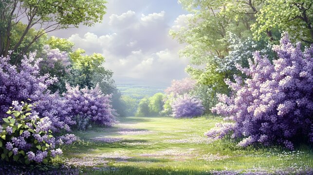 A tranquil garden with soft purple lilacs in full bloom and a gentle breeze - Powered by Adobe