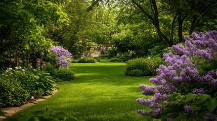 A tranquil garden with soft purple lilacs in full bloom and a gentle breeze