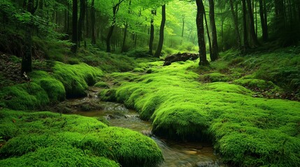Obraz premium Lush green landscape of a stream running through a forest