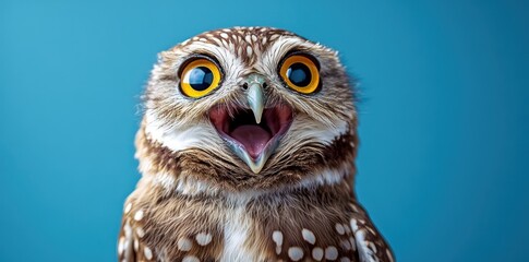 Burrowing owl, blue background, surprised expression, wildlife photography