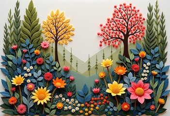 Colorful Tufted Forest Art: A Front View Showcasing a Variety of Flowers, Plant Leaves, and Textures, Set Against a White Background for Maximum Impact.

