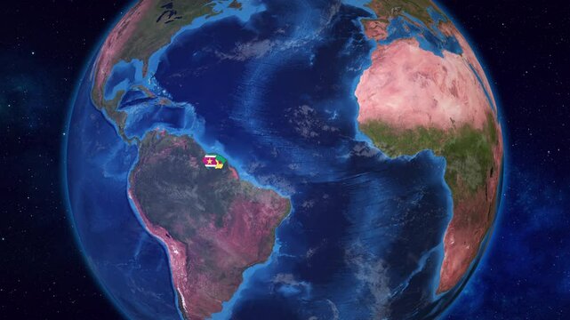 Earth Zooming on Suriname and French Guiana Highlighted with their flags