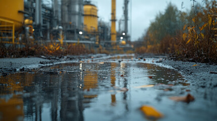 Obraz premium Chemical plant leaking waste into the soil, killing surrounding vegetation
