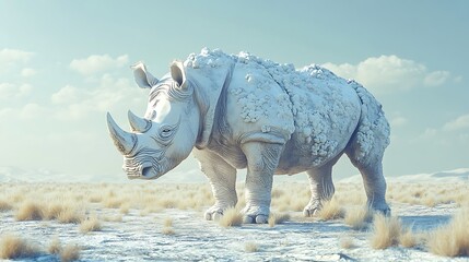 Fototapeta premium Serene desert oasis with majestic rhinoceros sculpture - digital art