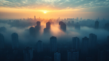 Fototapeta premium City skyline covered in thick industrial smog, reducing visibility and sunlight penetration